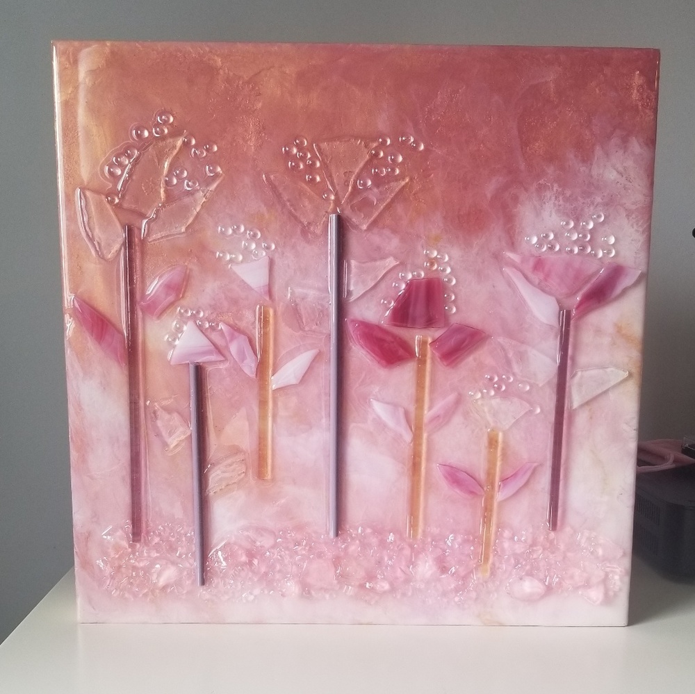 Rose Gold, Pink Glass Flower Resin Wall Art Decor